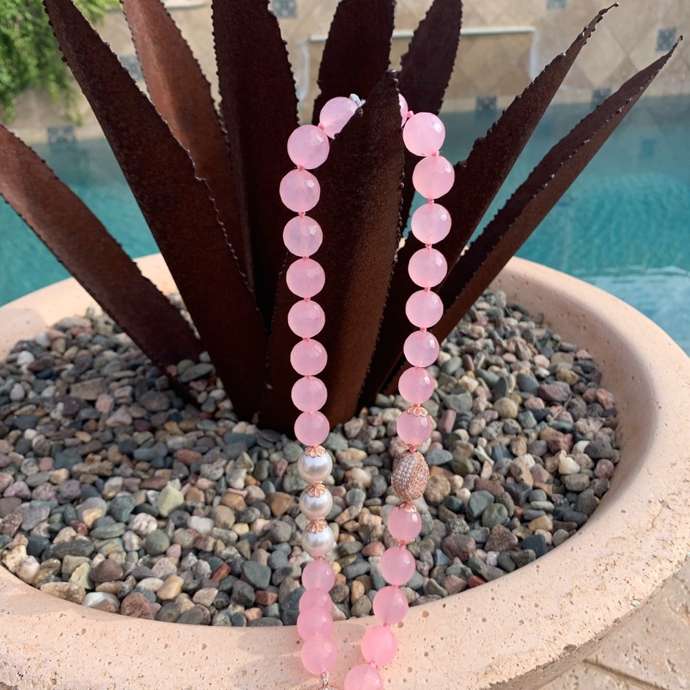 Pink rose quartz necklace with rose gold findings